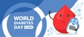 World diabetes day banner drop blood charector hold Blood Glucose Meter and icon of Medical devices and drugs related to diabetes