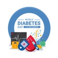 World diabetes day banner with drop Blood , DNA sign ,Glucose testing , heart wave apple and Scales in blue circle ring vector