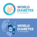 World Diabetes Day banner with hand and Blood drop sign in blue arrow circle and Blood Sugar Test on blue earth world background v