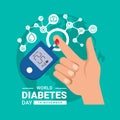 World diabetes day banner with hand blood are Glucose testing and circle icon medical are connect link on world background vector