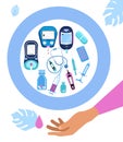 World diabetes day banner.Hand holds medical instruments. Blood Sugar,glucose Test.Pills,Electrochemical or Photometric glucometer