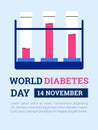 World diabetes day banner with tubes for blood exam, flat vector illustration.