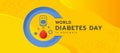 World diabetes day banner - red drop blood and Blood Glucose Meter symbol in Universal blue circle symbol for diabetes on yellow Royalty Free Stock Photo