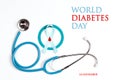 World Diabetes Day banner with a stethoscope, blue circlel, ribbon and drop of blood as a symbol of diabetes on a white background Royalty Free Stock Photo