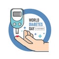World diabetes day - Diabetes Blood Glucose Meter and hand on blue ring circle vector design