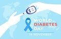 World diabetes day. Diabet disease poster with hands hold glucometer and measure blood sugar level test, blue ribbon and