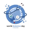 World diabetes day - globe in blue circle sign and stethoscope Glucose testing vector design