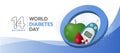 World diabetes day - Glucose testing blood drop apple and and drug on blue circle ring vector design