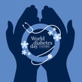 World diabetes day - hand hold blue circle ring sign with flower and stethoscope vector design