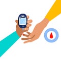 World diabetes day.Hand is holding electrochemical or Photometric glucometer.Finger is pricked,ready for a glucose or Blood Sugar Royalty Free Stock Photo