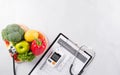 World diabetes day and healthcare concept. Diabetic measurement set, patient`s blood sugar control and healthy food eating Royalty Free Stock Photo