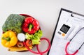 World diabetes day and healthcare concept. Patient`s blood sugar control, diabetic measurement, and healthy food eating nutrition Royalty Free Stock Photo