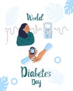 World diabetes day line art vector illustration.Young sick girl is making Blood Sugar or glucose Test using medical device.Electro