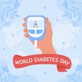 World Diabetes day square banner or card. Human hand holding glucometer to measure sugar level by finger stick. Blood Royalty Free Stock Photo