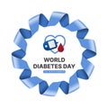 World diabetes day - Text and glucose testing red blood drop on line heart sign in blue circle ribbon roll waving frame vector Royalty Free Stock Photo