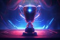The world of digital success with illuminated trophy on a digital table, adorned in neon colors