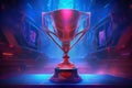 The world of digital success with illuminated trophy on a digital table, adorned in neon colors