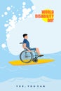 World Disabilities day. Man in wheelchair floats on Board for surfing. Disabled in protective suit surf on crest of wave in