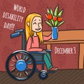 World disability day woman wheelchair concept background, hand drawn style