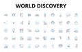 world discovery linear icons set. Exploration, Geology, Biodiversity, Anthropology, Archaeology, History, Ecology vector