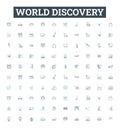 world discovery vector line icons set. Exploration, Expedition, Navigation, Identifying, Mapping, Locating, Geography