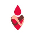 World Donor Day emblem with blood drop, multiethnic hands and heart. Medical sign 14 June. World health day, heart, donation Royalty Free Stock Photo