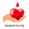 World Donor Day, red heart with a drop of blood in hand. Medicine concept. Banner, poster