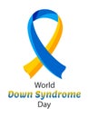 World Down Syndrome Day. The symbol is a yellow and blue ribbon. 21 March. Vertical white poster. Royalty Free Stock Photo