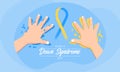 World down syndrome day - child hand doing yellow and blue Hand print and ribbon ink brush sign on soft blue background vector Royalty Free Stock Photo