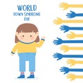 World down syndrome day, cute girl raised hands blue and yellow color