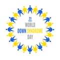 World Down Syndrome Day. Emblem. Circle frame. Badge icon using blue yellow people symbolson white background. Vector