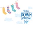 World down syndrome day, hanging socks decoration clouds background card