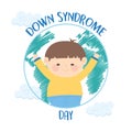 World down syndrome day, happy little boy in map clouds background Royalty Free Stock Photo