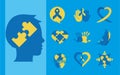 World down syndrome day, international awareness support icons set flat style