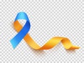 World Down Syndrome day. March 21. Realistic blue yellow ribbon symbol over transparent background. Vector.