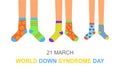 World Down syndrome day poster or invitation card. Man, woman and children feet in different colorful odd socks as a