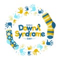 World Down Syndrome Day - text and ribbon sign in circle frame with lots of socks handprint and ribbon firework around vector