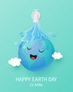 World earth day background concept. A water falling on Happy globe in paper cut style. Vector illustration. Digital craft paper Royalty Free Stock Photo