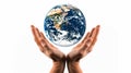 World Earth Day Concept. Green Energy, Hands of People Embracing a Handmade Globe. generative ai Royalty Free Stock Photo