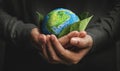 World Earth Day Concept. Green Energy, Renewable and Sustainable Resources. Environmental and Ecology Care. Hand Embracing Green Royalty Free Stock Photo