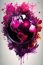 World Earth Day, Globe with splash, levitation magenta flowers and plants