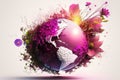 World Earth Day, Globe with splash, levitation magenta flowers and plants