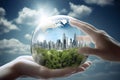 World earth day. Hands holding glass globe with Eco friendly environment inside. Generative Ai Royalty Free Stock Photo