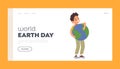 World Earth Day Landing Page Template. Little Boy Holding and Hugging Planet. Kid Character Embrace Globe Royalty Free Stock Photo