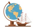 World earth map with caravel ship
