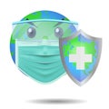 World or earth in protective mask and glasses holding shield Royalty Free Stock Photo