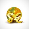 World economic concept with 3d gold world dollar and euro currency on white background, vector