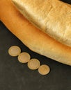 2022 world economic crisis, increase in bread prices, bread and 3,5 coins, increase in bread prices in Turkey Royalty Free Stock Photo