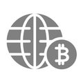 World economy solid icon. Globe and bitcoin sign vector illustration isolated on white. Global economy glyph style