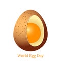 World Egg Day. Concept food holiday. Realistic illustration. Chicken egg with a view inside. Eggshells is brown with specks. Yolk